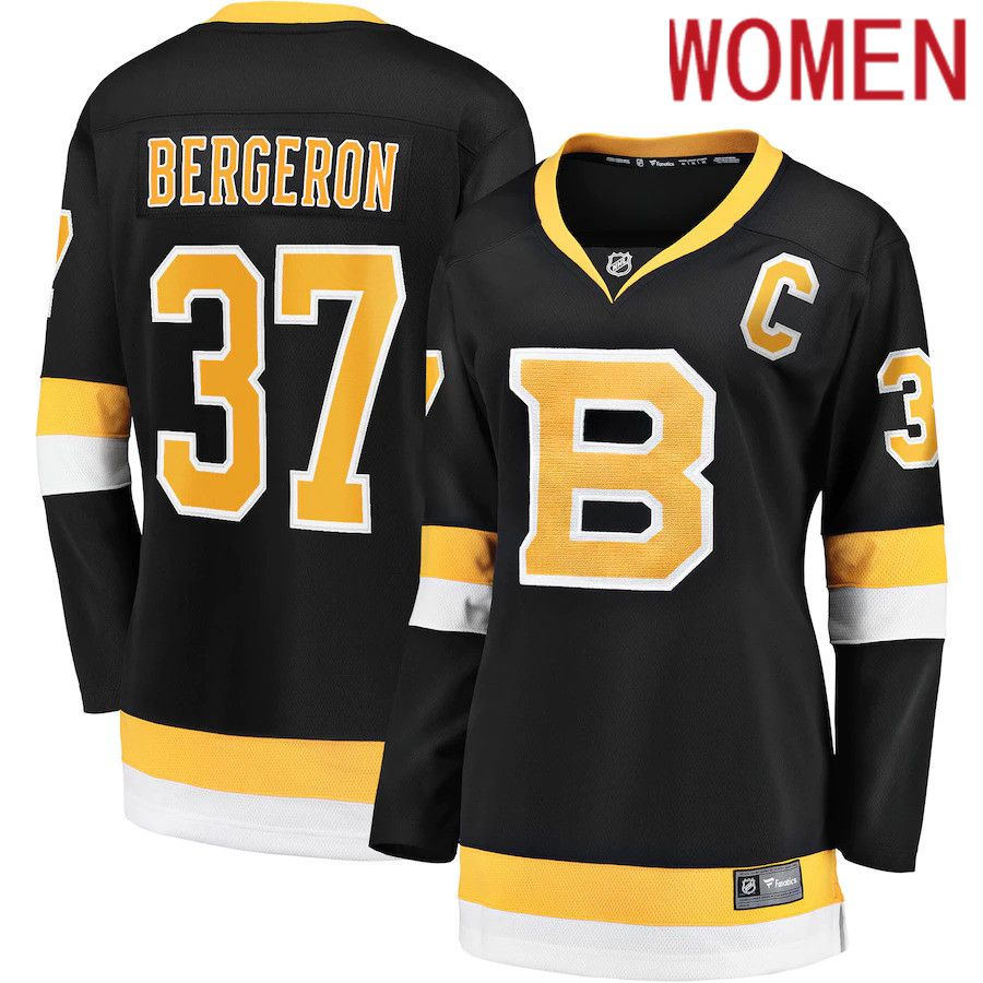 Women Boston Bruins #37 Patrice Bergeron Fanatics Branded Black Captain Alternate Premier Breakaway Player NHL Jersey-0